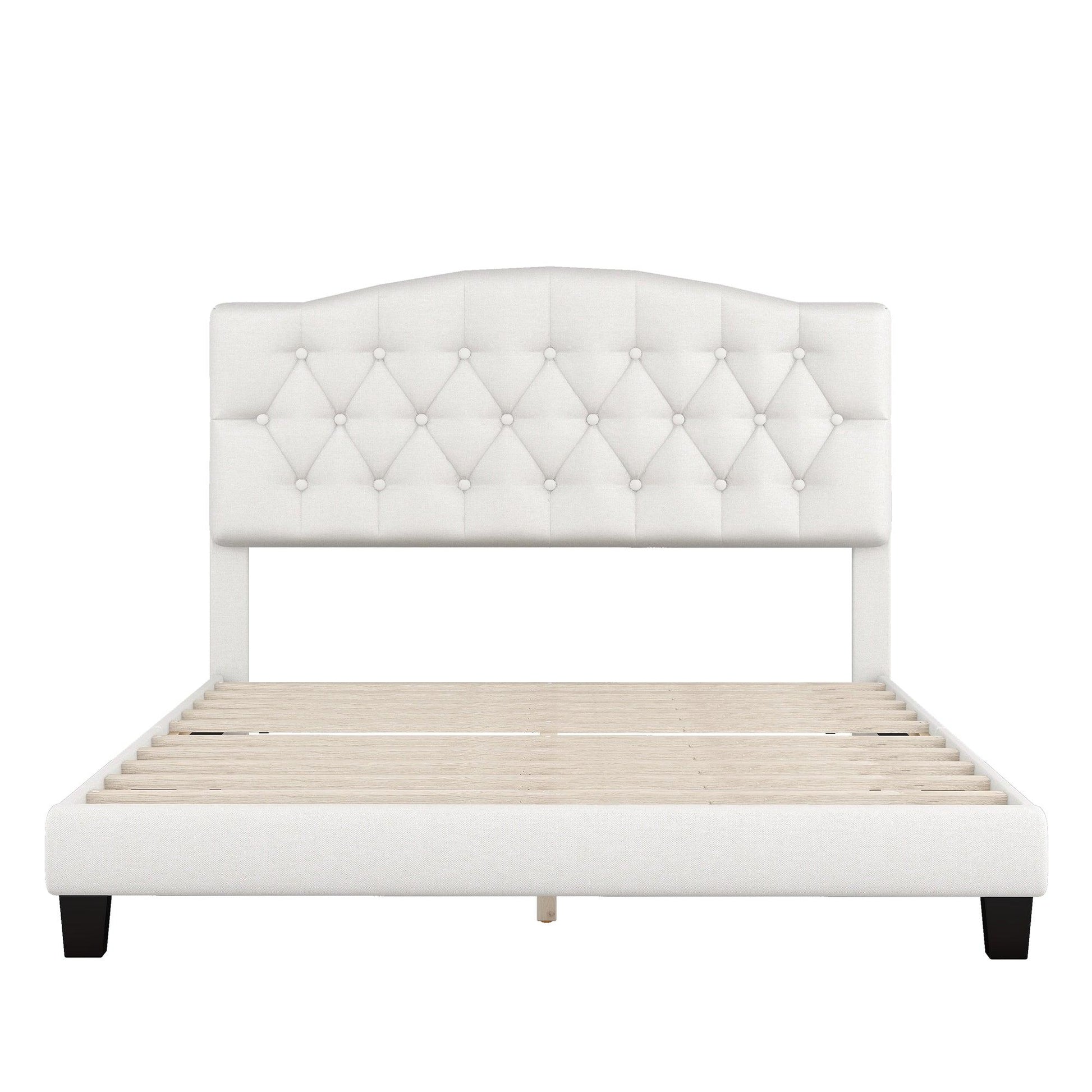 Upholstered Platform Bed with Saddle Curved Headboard and Diamond Tufted Details Queen Beige - FurniFindUSA