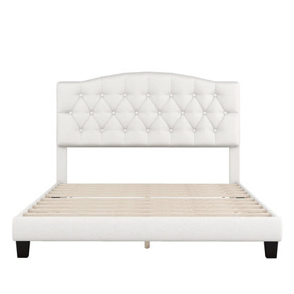 Upholstered Platform Bed with Saddle Curved Headboard and Diamond Tufted Details Queen Beige - FurniFindUSA