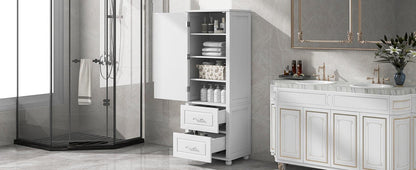 Tall bathroom storage cabinet with two drawers and adjustable shelves for independent storage - FurniFindUSA