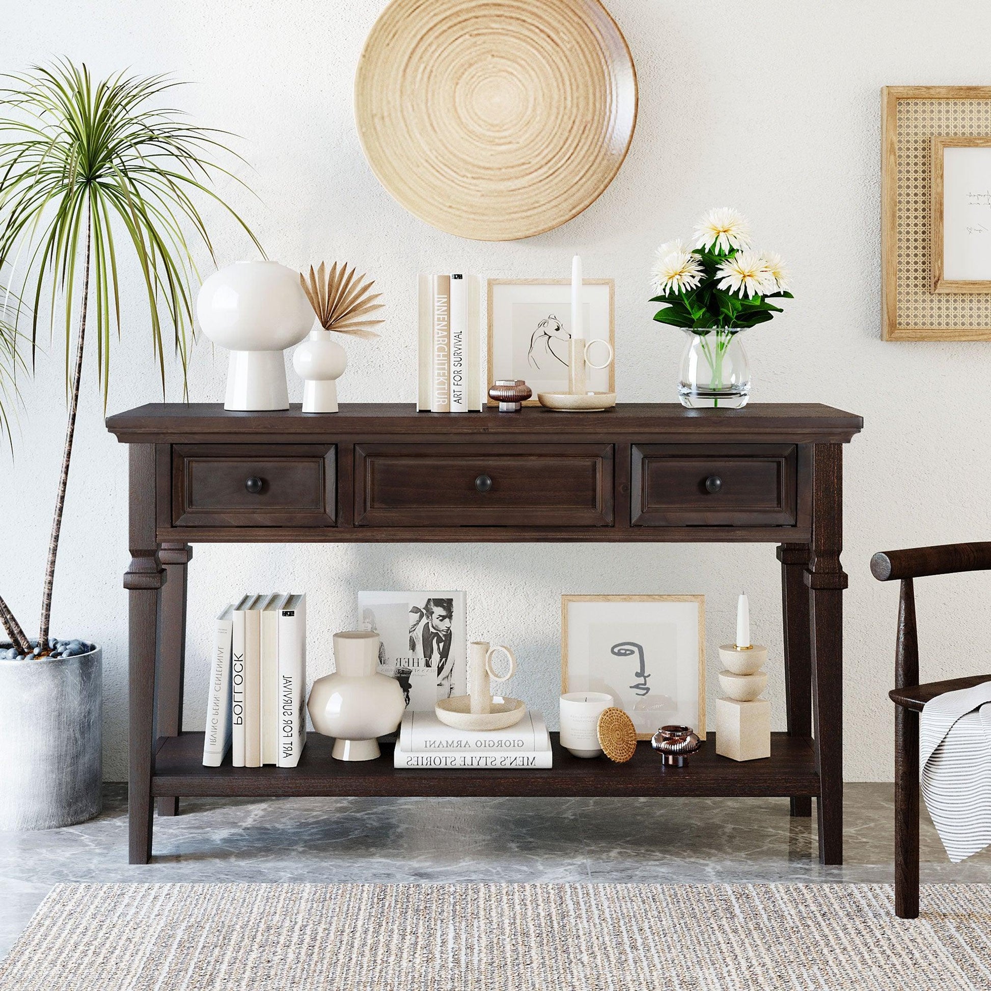 TREXM Classic Retro Style Console Table with Three Top Drawers and Open Style Bottom Shelf (Espresso) - FurniFindUSA