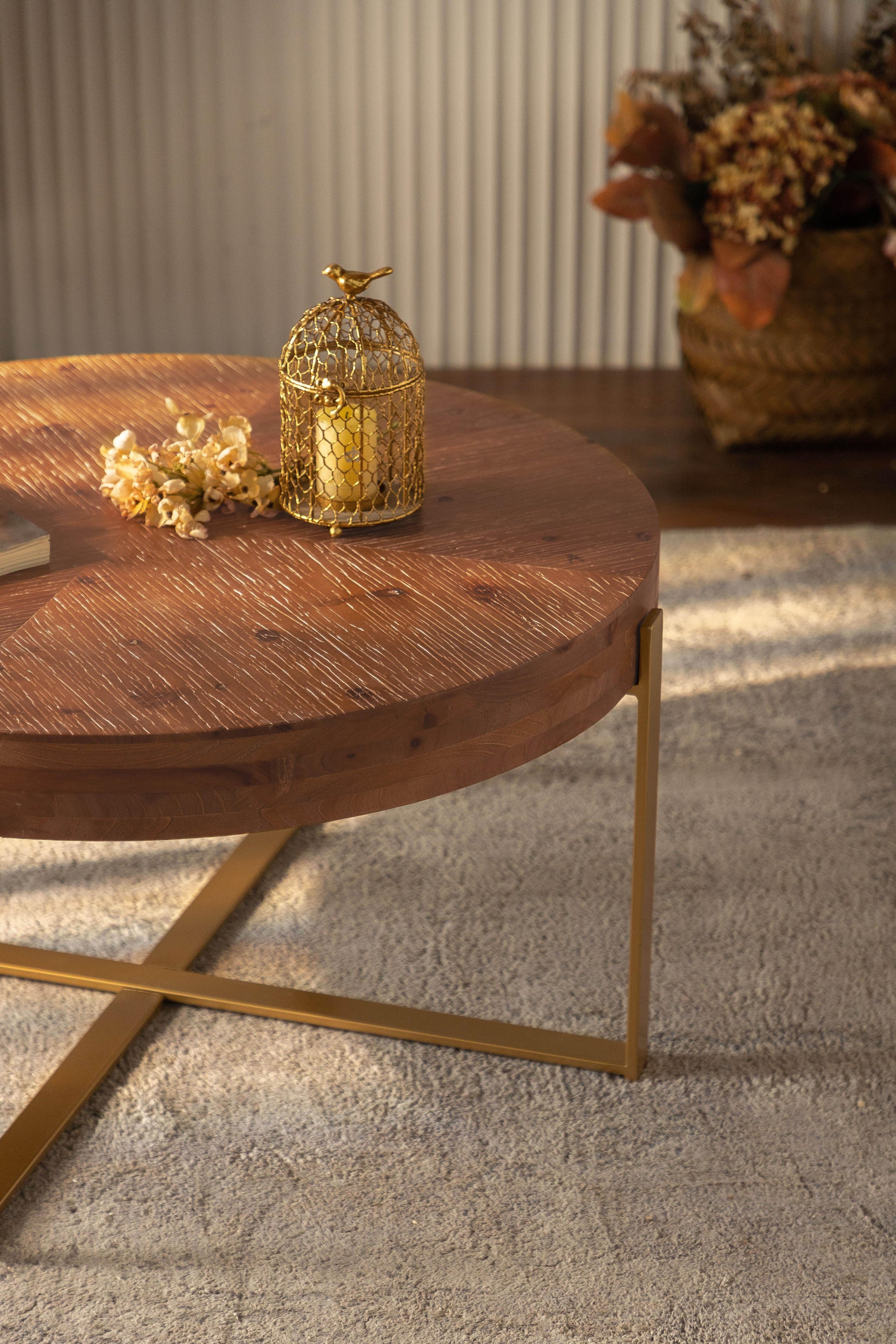 33.86"Modern Retro Splicing Round Coffee Table Fir Wood Table Top with Gold Cross Legs Base - FurniFindUSA