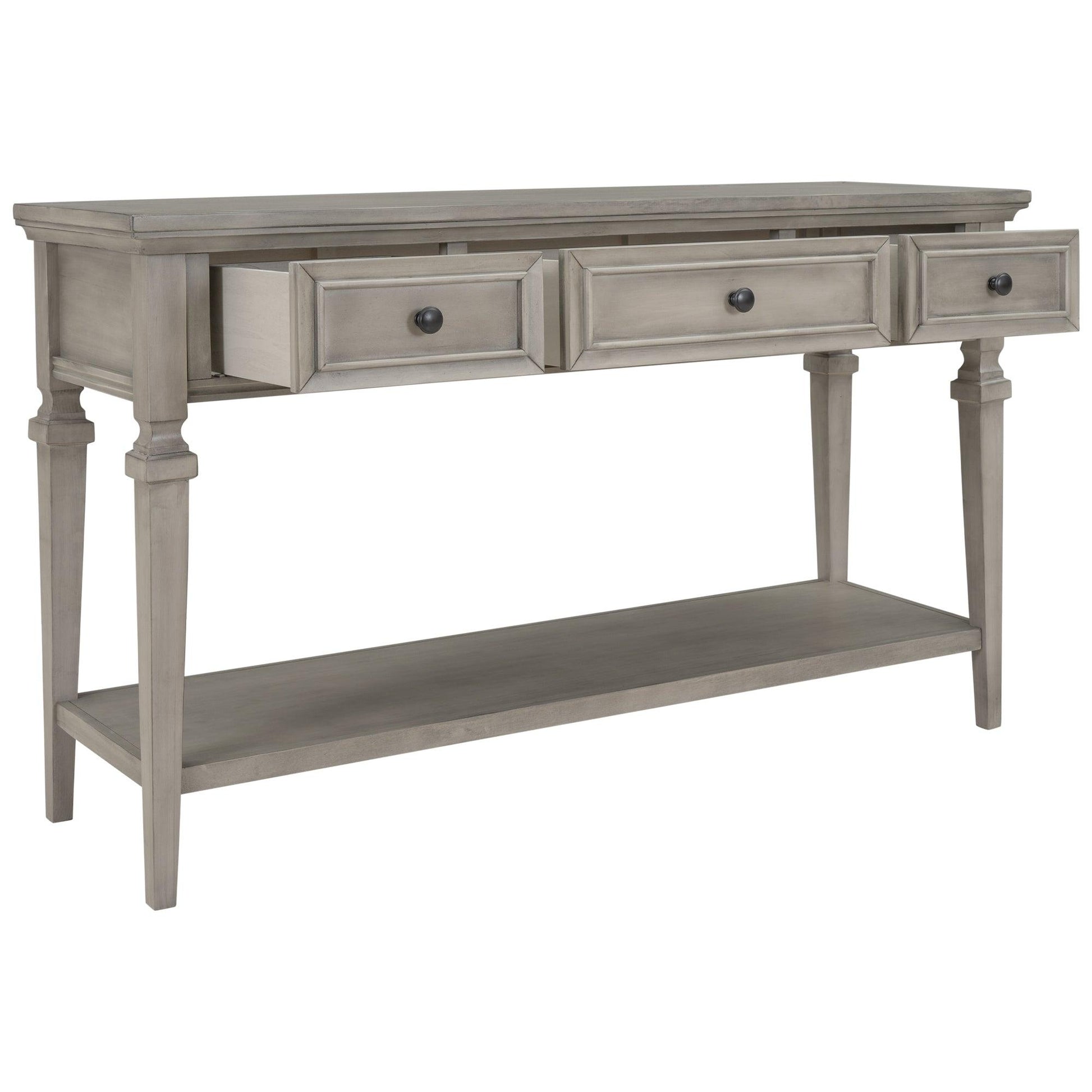 TREXM Classic Retro Style Console Table with Three Top Drawers and Open Style Bottom Shelf (Gray Wash) - FurniFindUSA