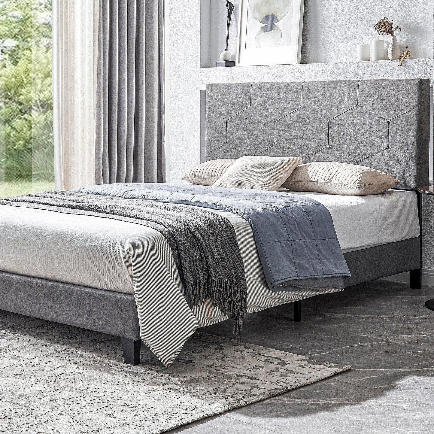 Queen Size Upholstered Platform Bed Frame Wood Slat Support Easy Assembly Grey - FurniFindUSA