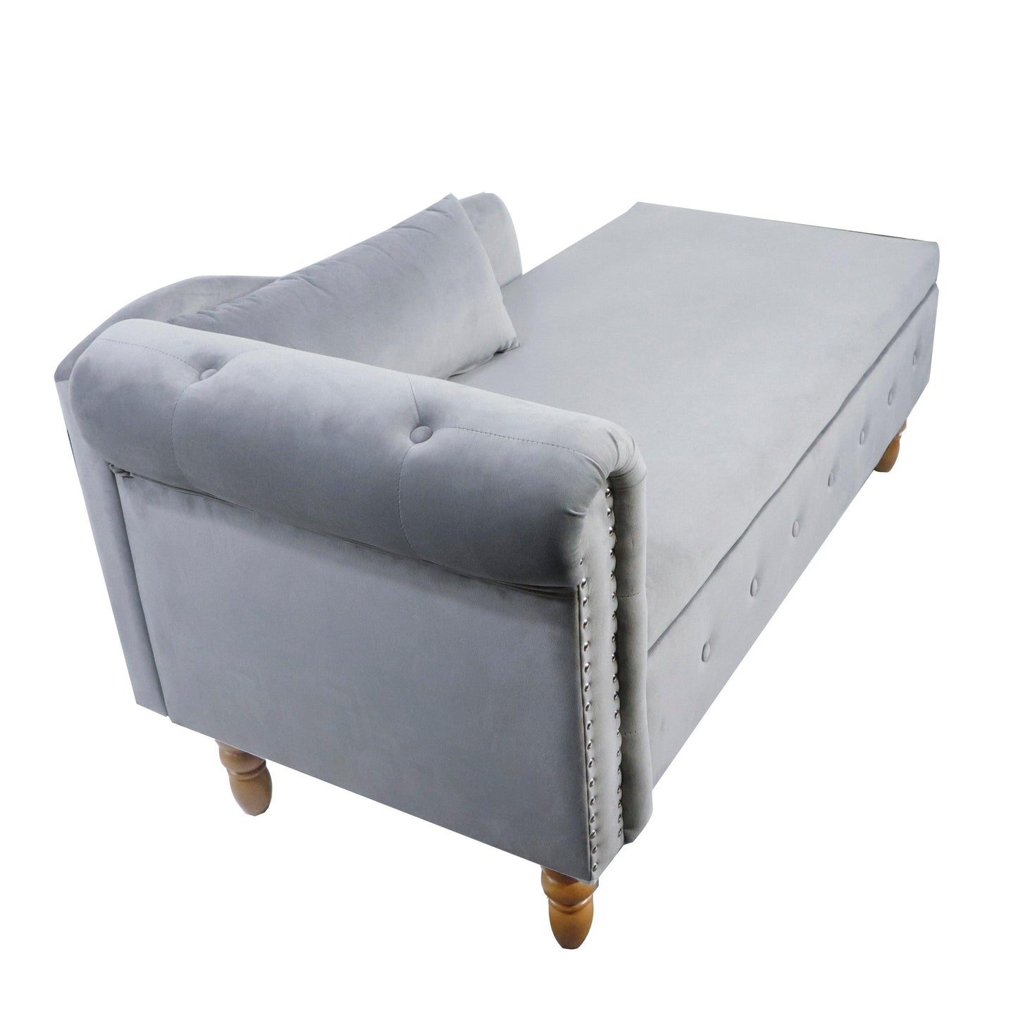 Grey Chaise Lounge Indoor Velvet Lounge Chair for Bedroom with Storage & Pillow Modern Upholstered Rolled Arm Chase Lounge - FurniFindUSA