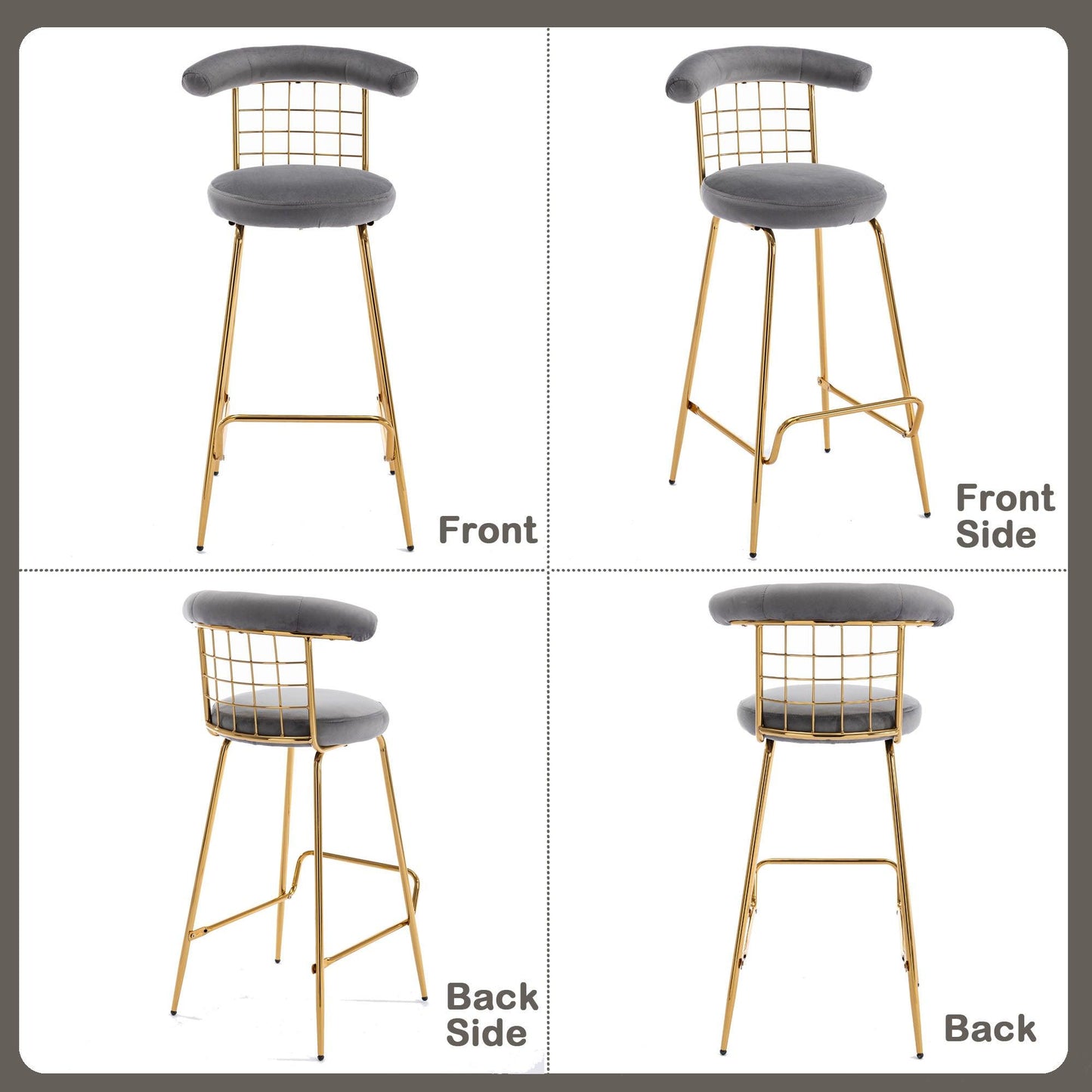 Bar Stool Set of 2 Luxury Velvet High Bar Stool with Metal Legs and Soft Back Grey - FurniFindUSA