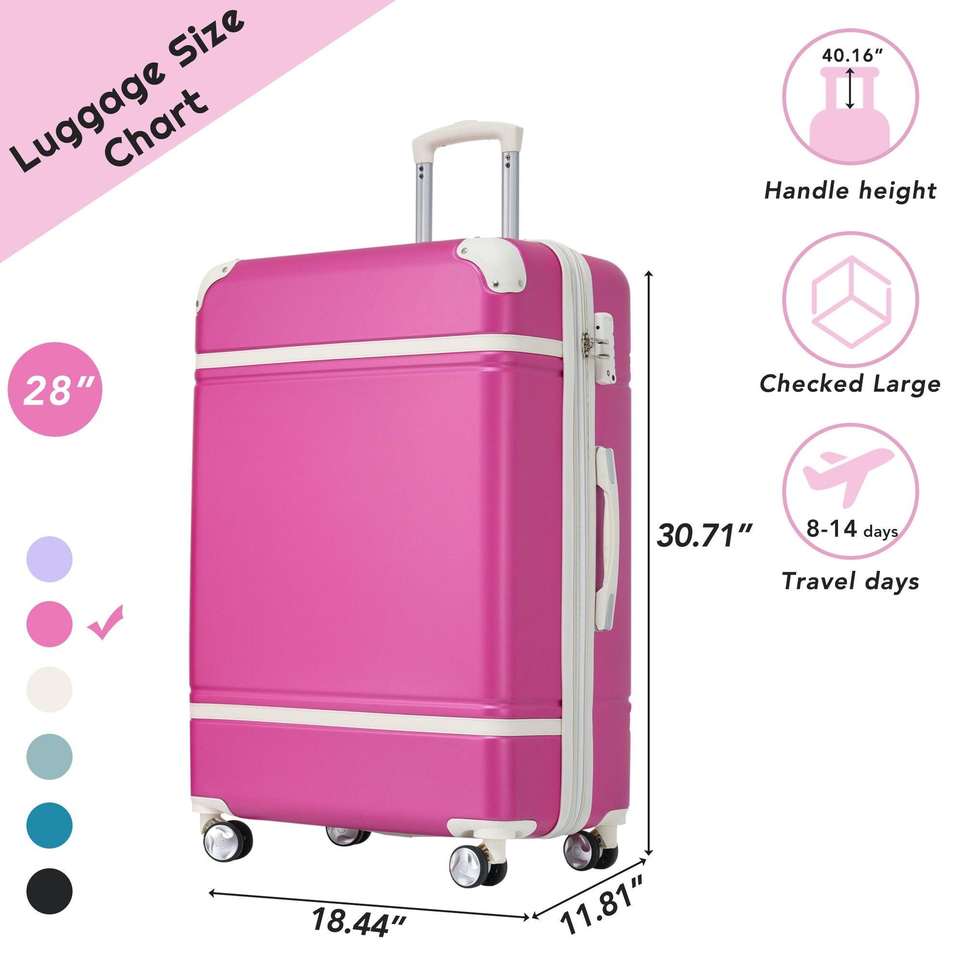 28 IN Luggage 1 Piece with TSA lock , Expandable Lightweight Suitcase Spinner Wheels, Vintage Luggage,Pink - FurniFindUSA