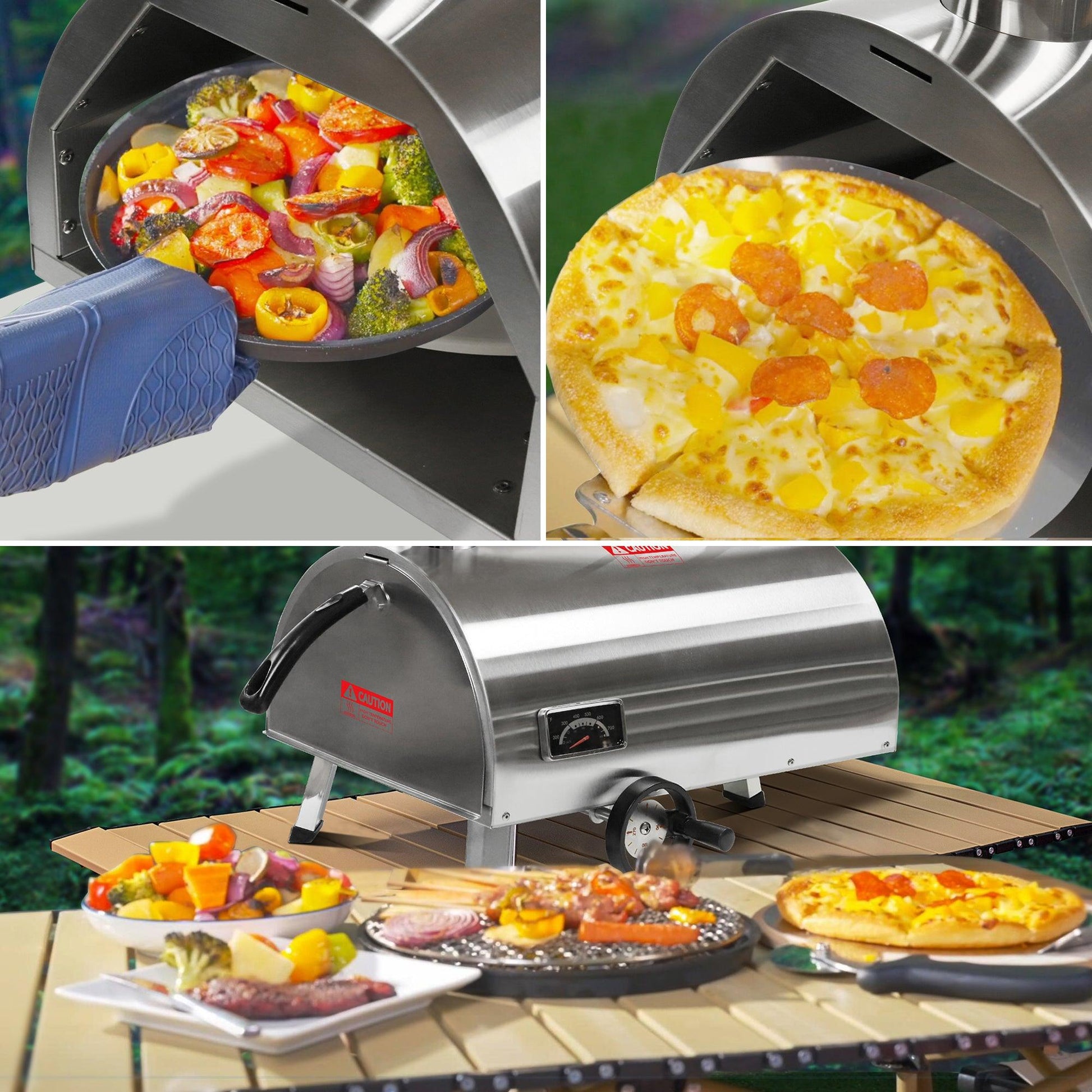 Silver Pizza Oven Outdoor 12" Semi-Automatic Rotatable Pizza Ovens Portable Stainless Steel - FurniFindUSA