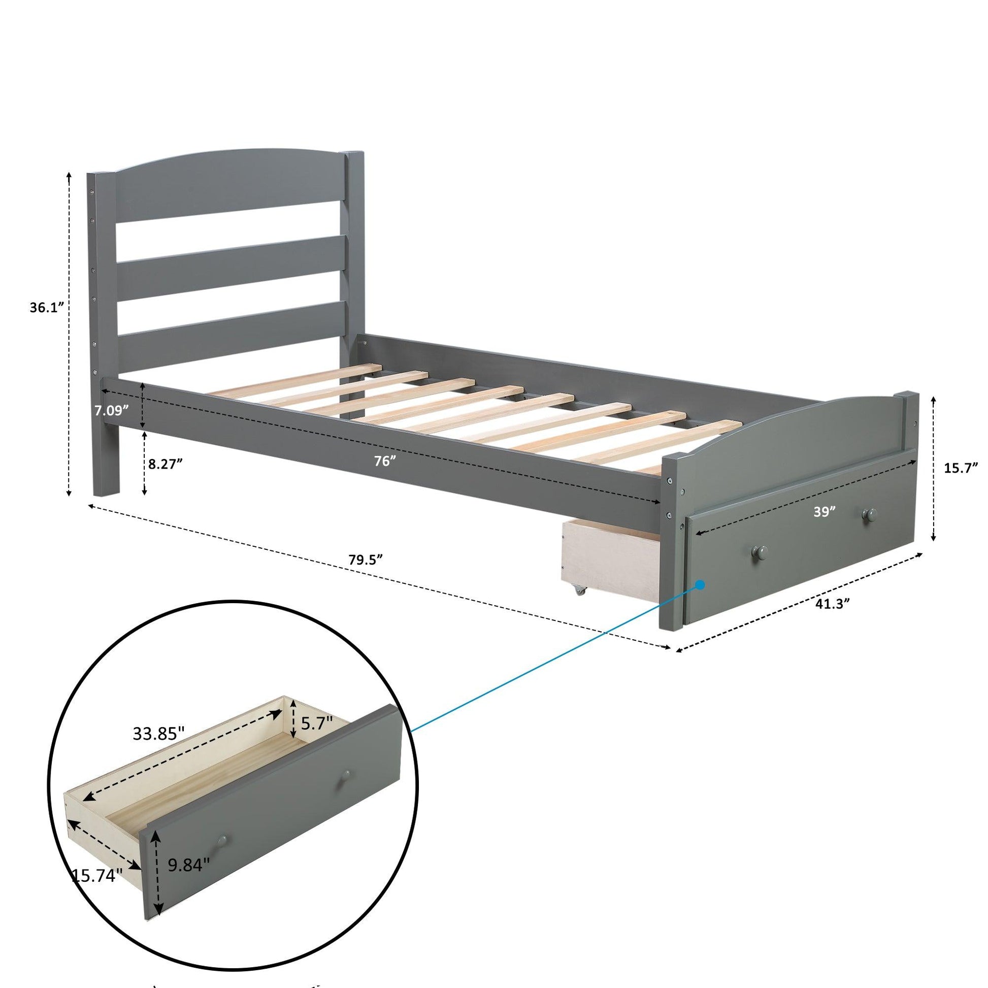 Platform Twin Bed Frame with Storage Drawer and Wood Slat Support No Box Spring Needed Gray - FurniFindUSA