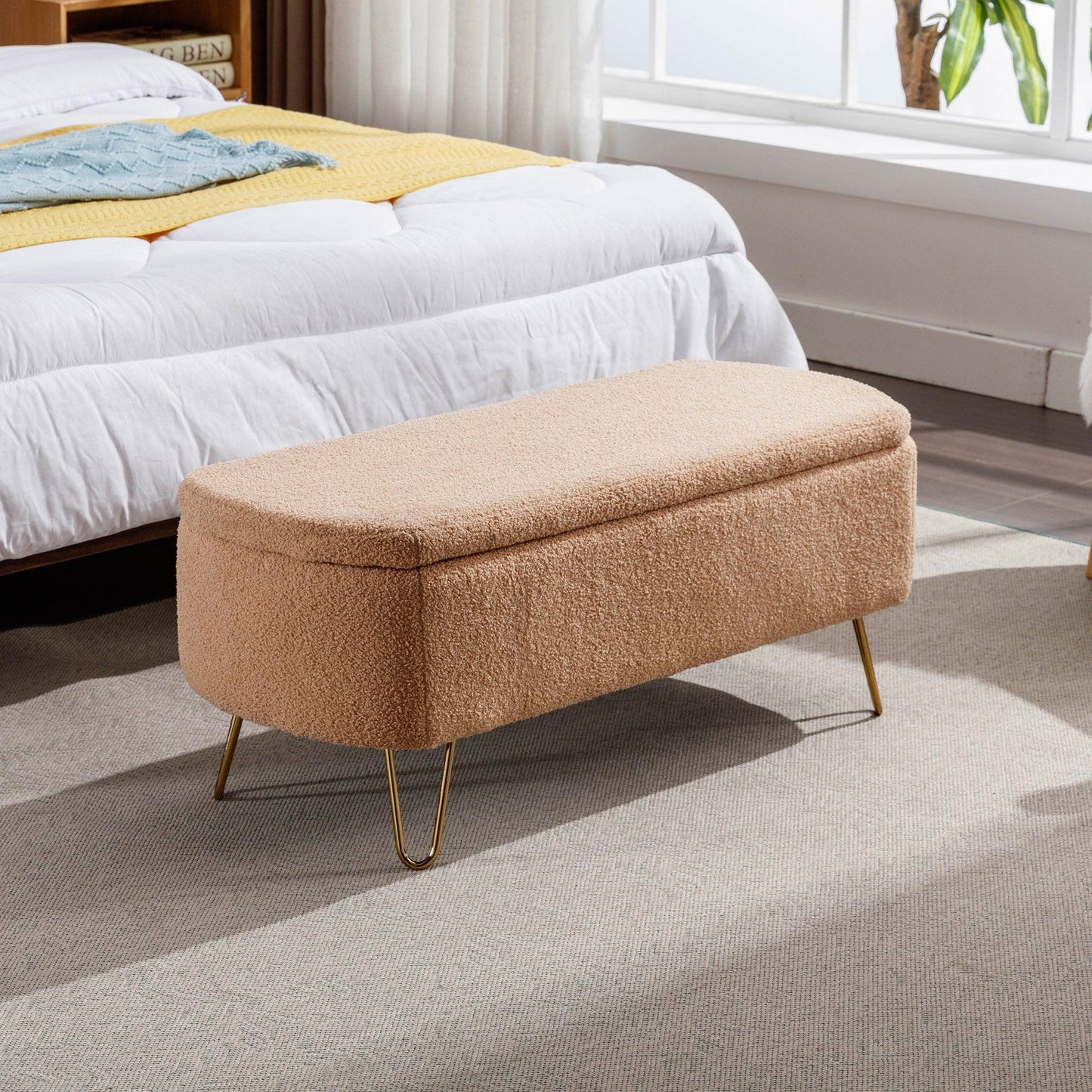 Camel Storage Ottoman Bench for End of Bed Gold Legs - FurniFindUSA