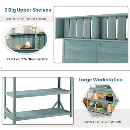 65" Large Wooden Farmhouse Rustic Outdoor Potting Bench Table, Garden Potting Bench with 4 Storage Shelves and Side Hook,Green - FurniFindUSA