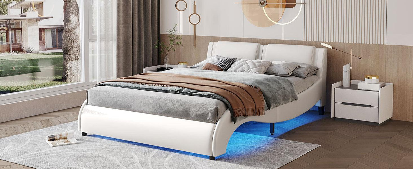 Queen Size Upholstered Faux Leather Platform Bed with LED Light Bed Frame with Slatted - White - FurniFindUSA