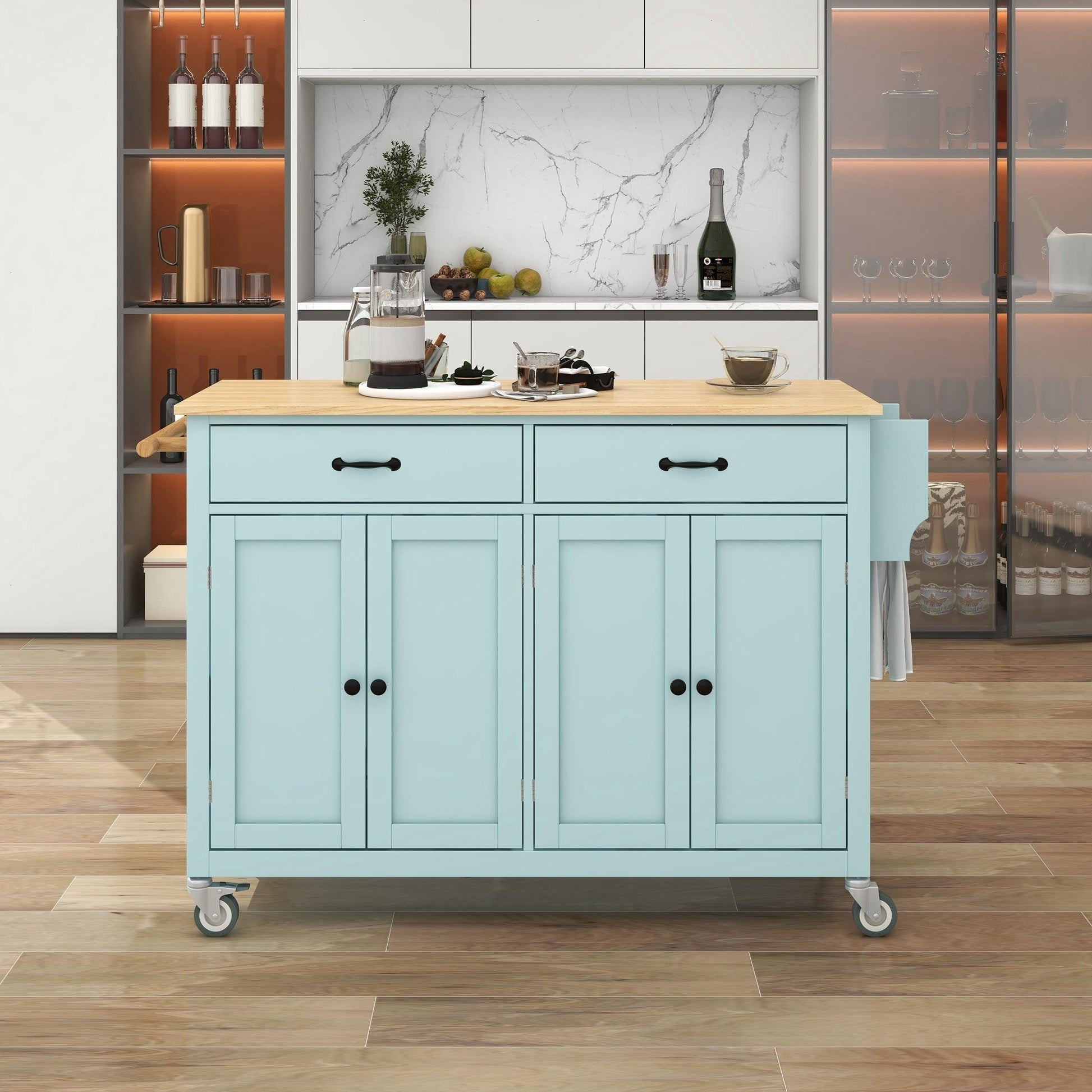 Kitchen Island Cart with 4 Door Cabinet and Two Drawers and 2 Locking Wheels - Solid Wood Top (Mint Green) - FurniFindUSA