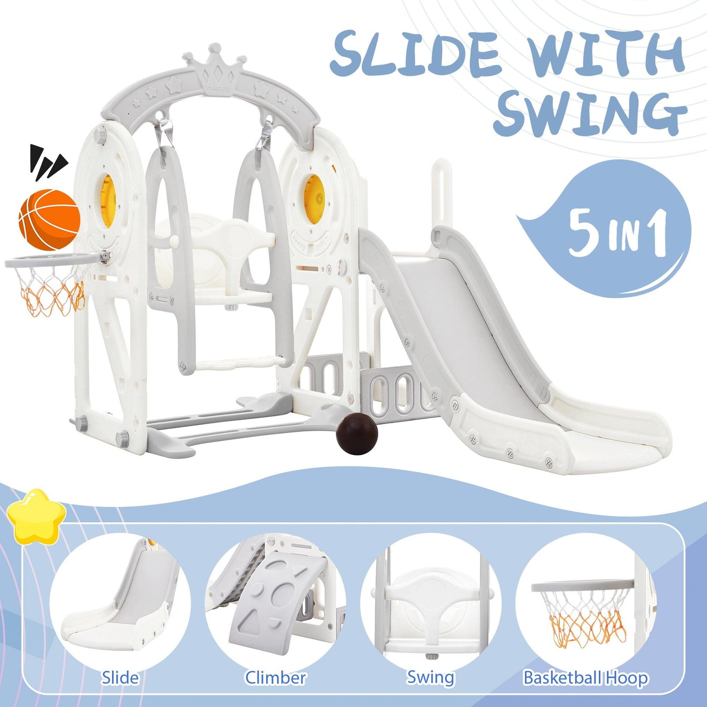 Toddler Slide and Swing Set 5 in 1 Kids Playground Climber Slide Playset with Basketball Hoop Freestanding Combination Grey - FurniFindUSA