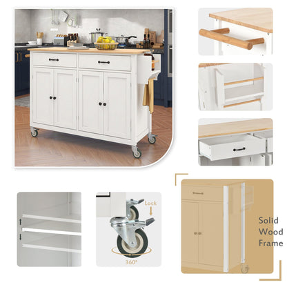 Kitchen Island Cart with Solid Wood Top and Locking Wheels 54.3 Inch Width (White) - FurniFindUSA