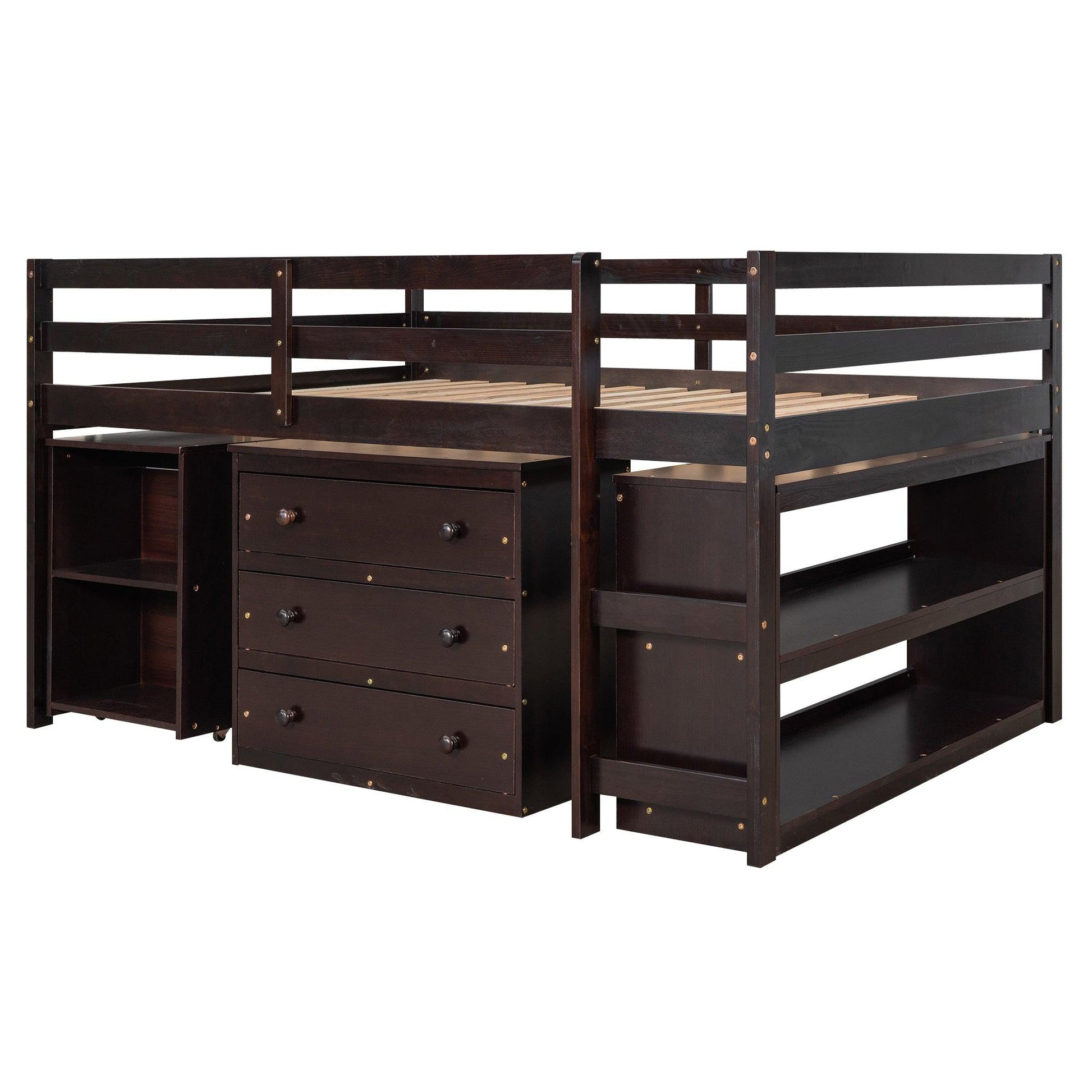 Low Study Full Loft Bed with Cabinet Shelves and Rolling Portable Desk Multiple Functions Bed- Espresso - FurniFindUSA