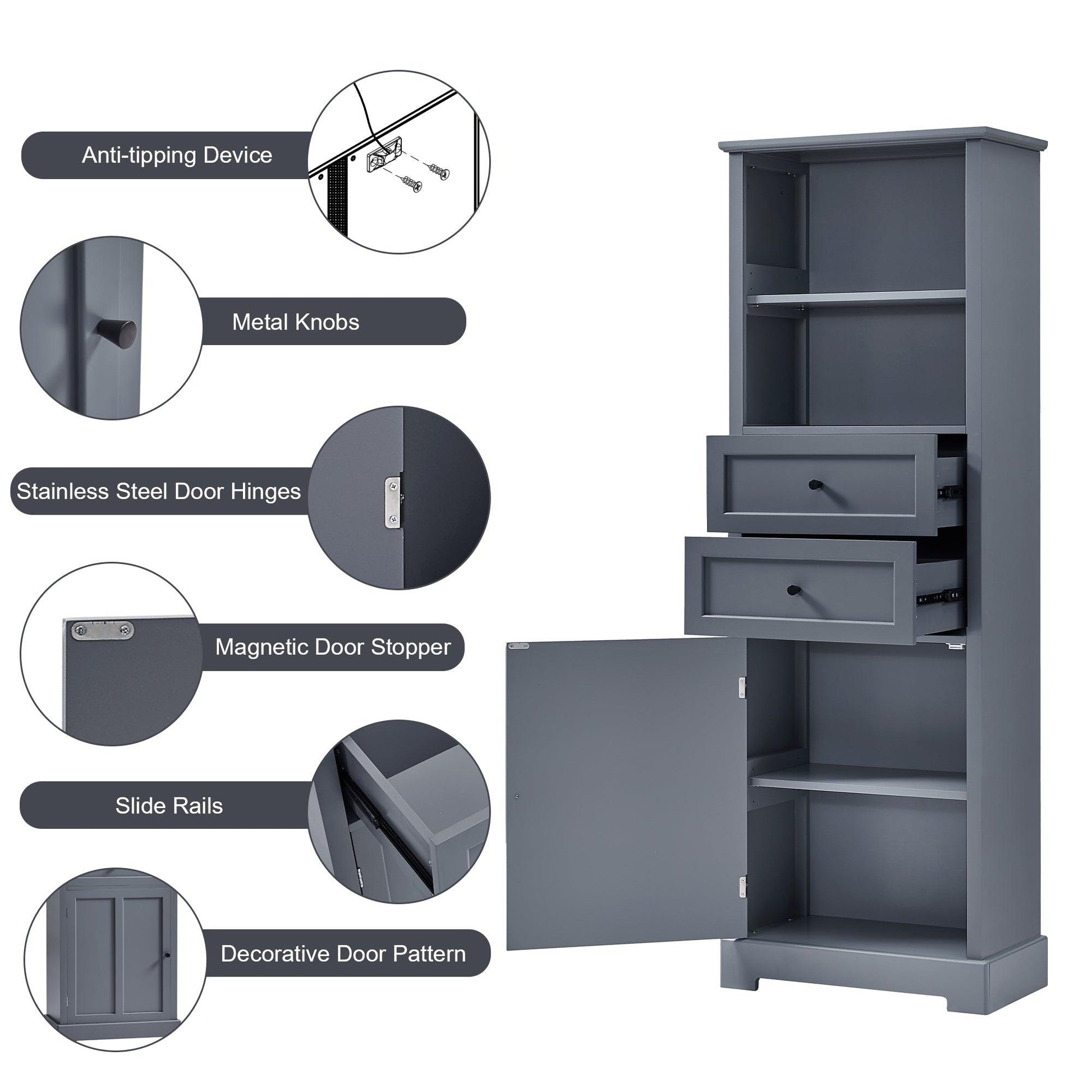 Bathroom Storage Cabinet, Tall Storage Cabinet with Two Drawers, Open Storage, Adjustable Shelf, Grey - FurniFindUSA