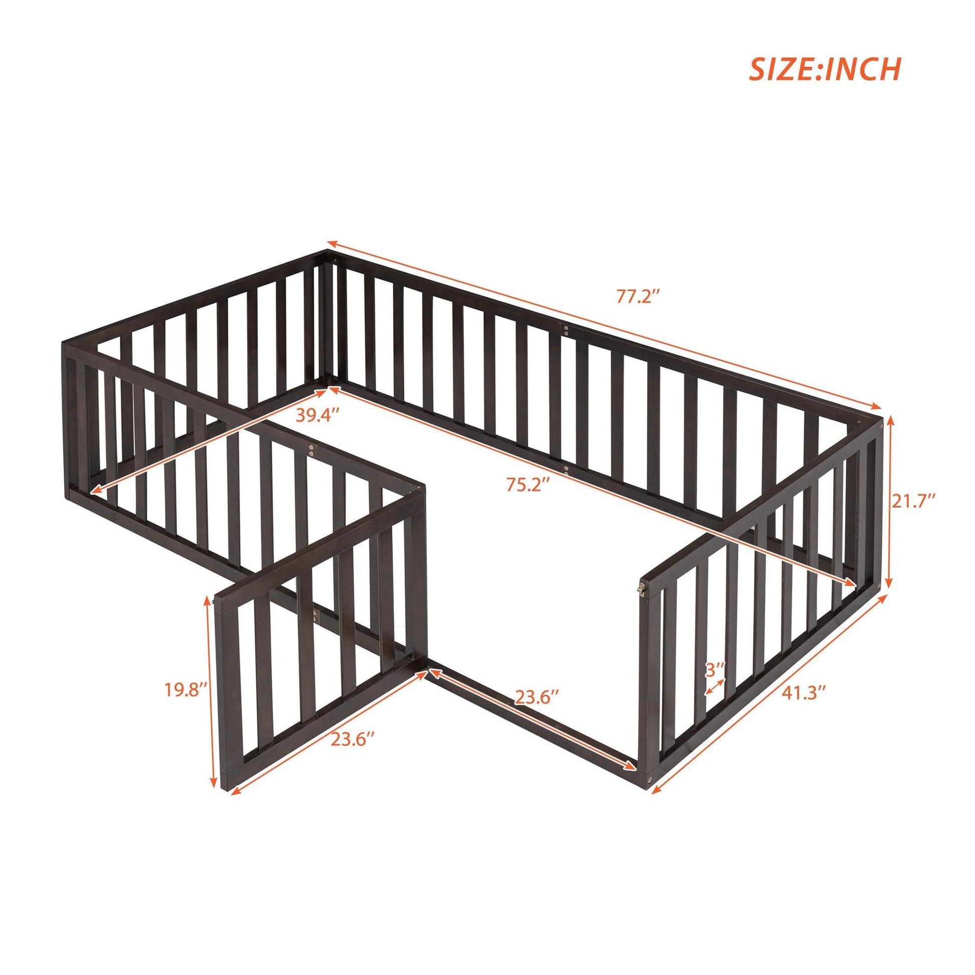 Twin Size Wood Floor Bed Frame with Fence and Door Walnut - FurniFindUSA