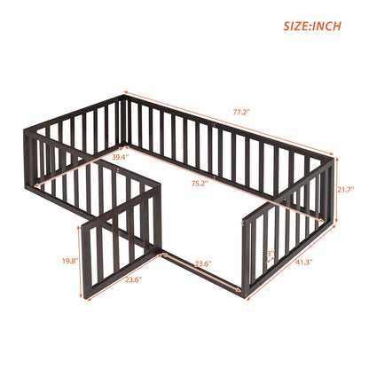 Twin Size Wood Floor Bed Frame with Fence and Door Walnut - FurniFindUSA