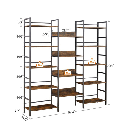 Triple Wide 5-shelf Bookshelves Industrial Retro Wooden Style Home and Office Large Open Bookshelves Rustic Brown - FurniFindUSA