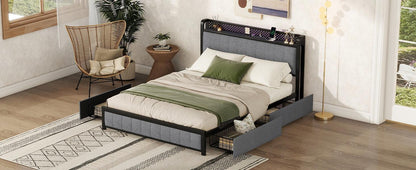 Queen Bed Frame with LED Headboard Upholstered Bed with 4 Storage Drawers and USB Ports Light Grey - FurniFindUSA