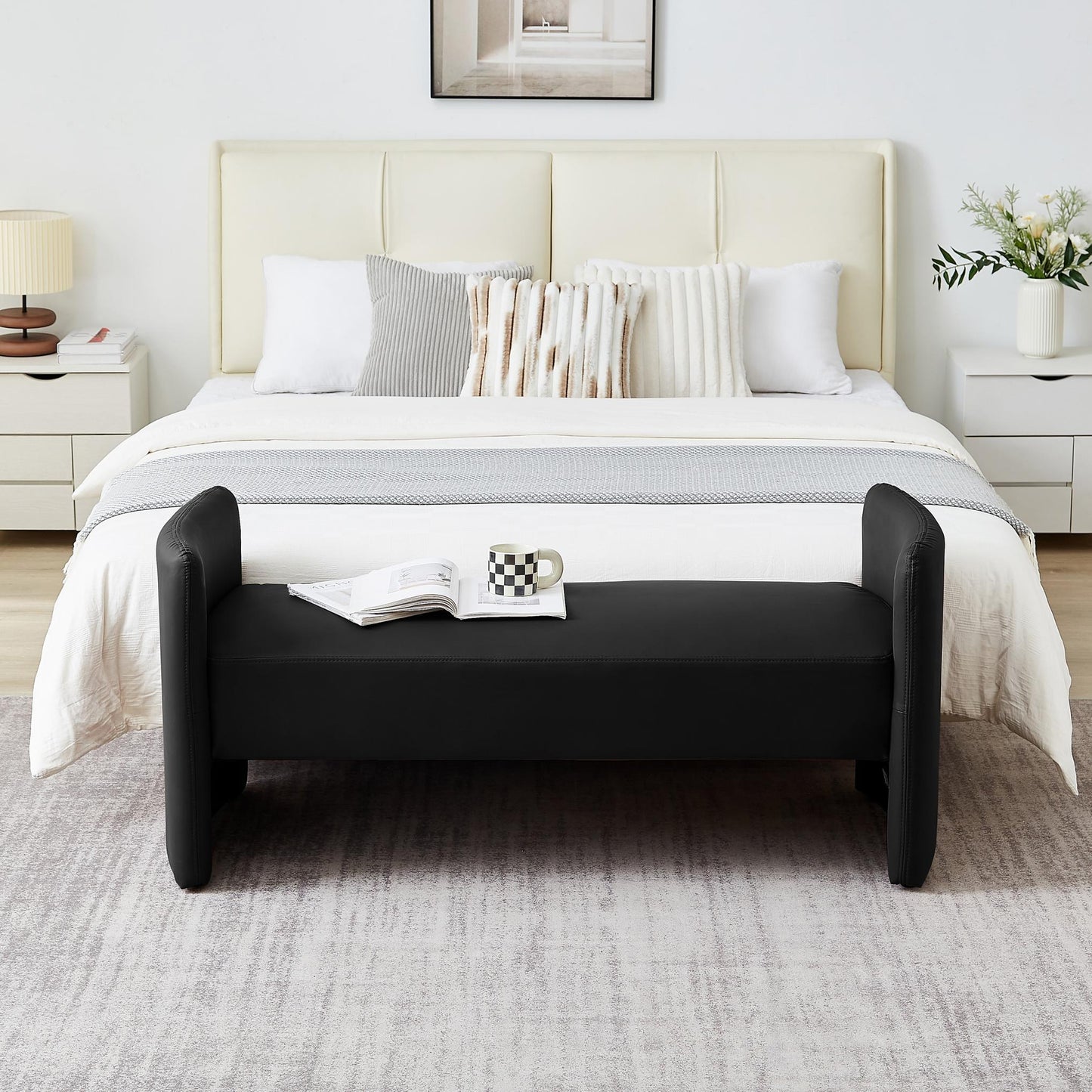 Modern Upholstered Bed Bench Entryway BenchOttoman with Armrest - FurniFindUSA