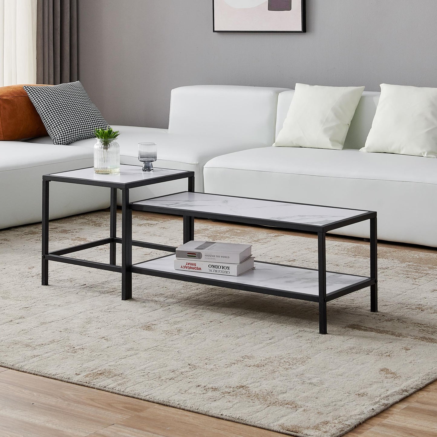 Modern Nesting coffee table Square & rectangle,Black metal frame with wood marble color top