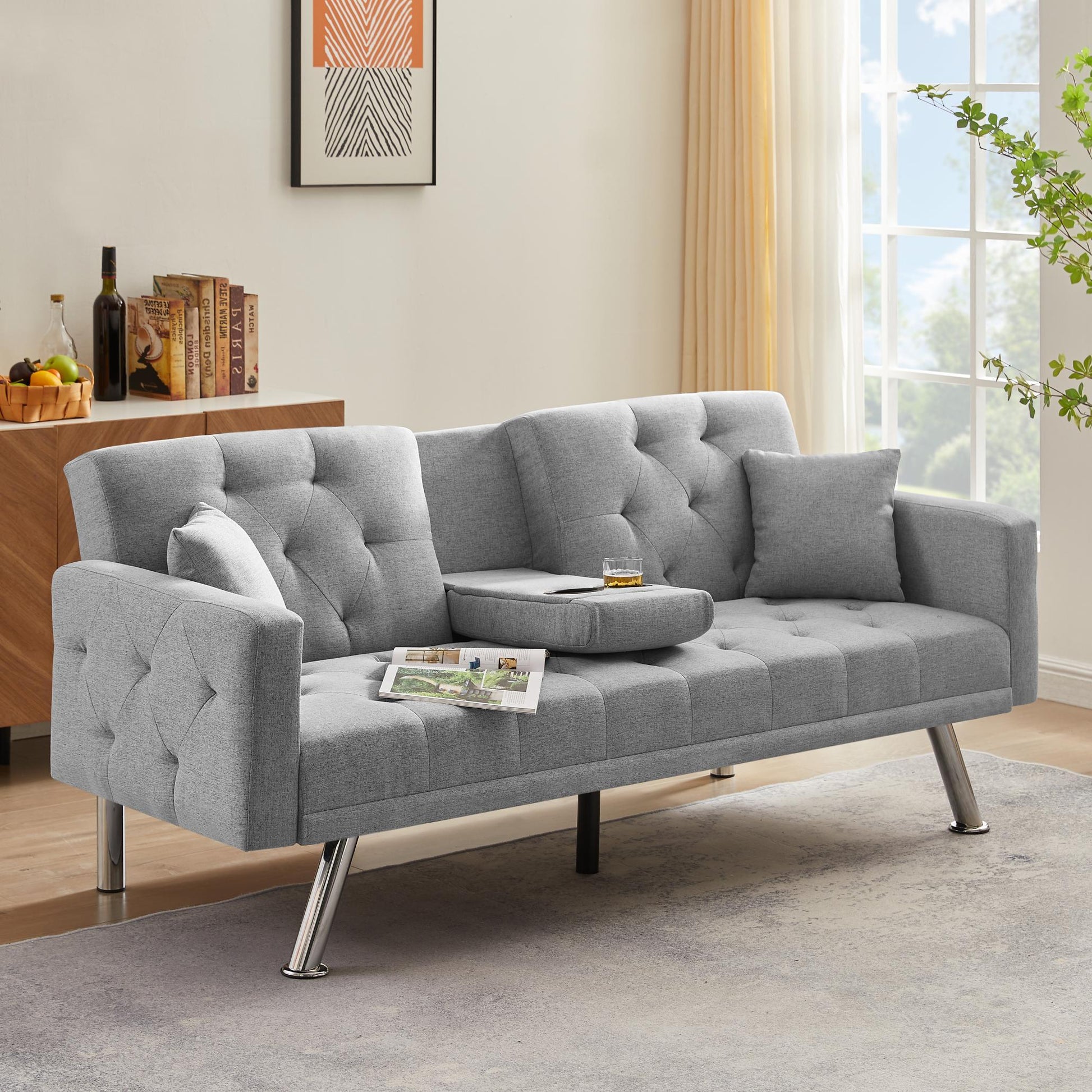 Square Arm Armrests Grey Linen Convertible Sofa and Bed - FurniFindUSA