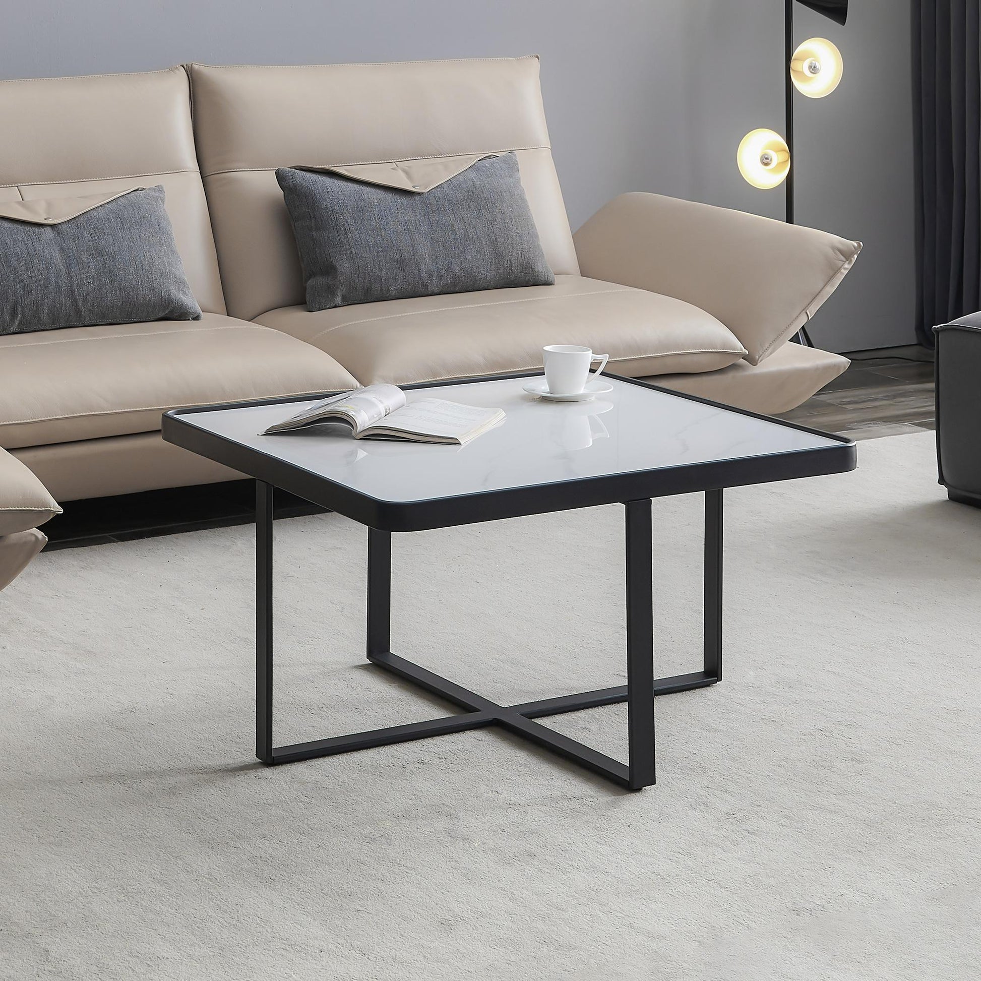 Minimalism Square coffee table，Black metal frame with sintered stone tabletop - FurniFindUSA