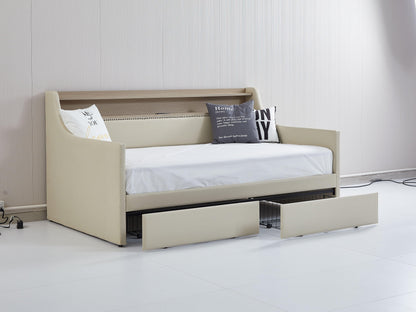 Twin Size Daybed with Storage Drawers Upholstered Daybed with Charging Station and LED Lights Beige - FurniFindUSA