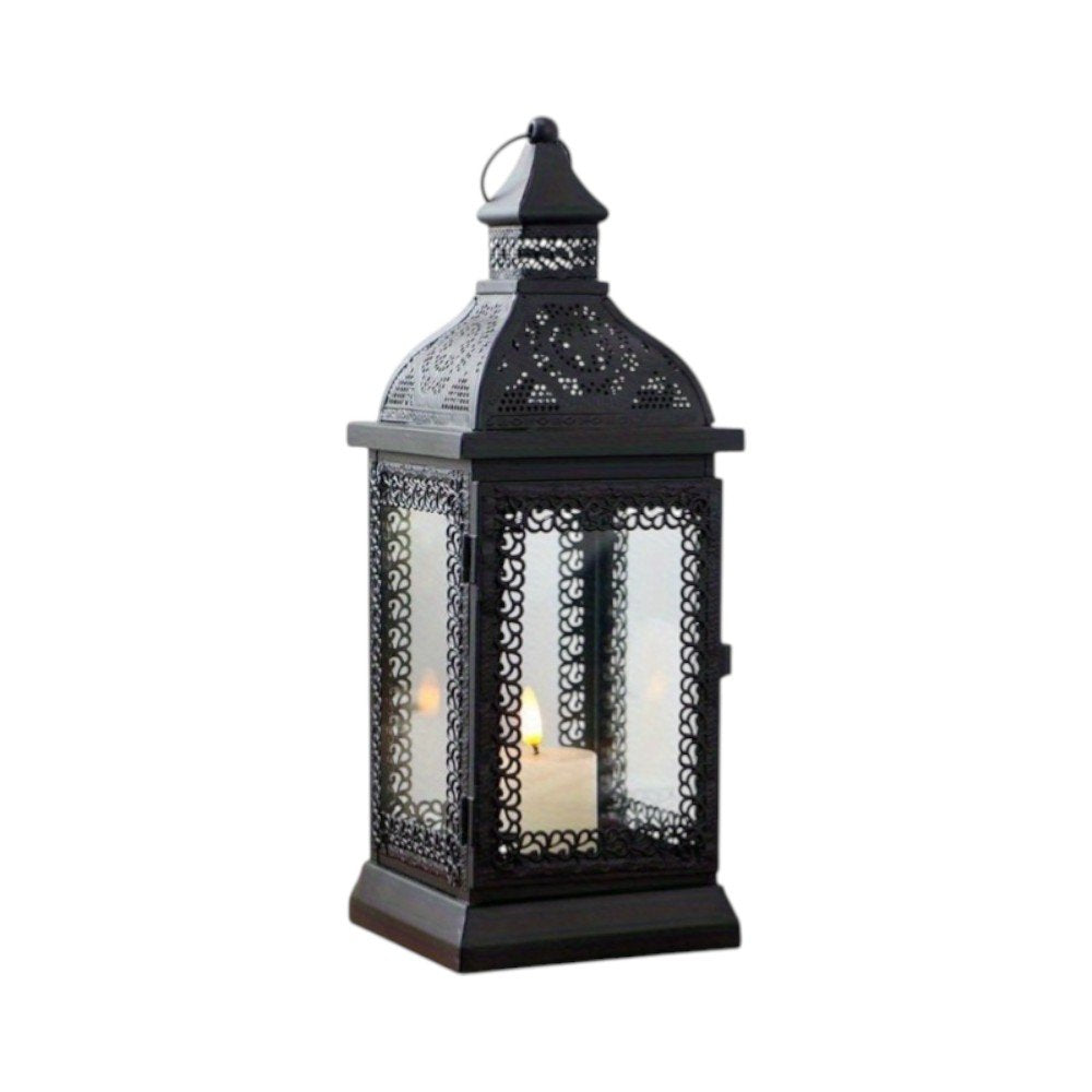 13" Clear And Black Glass And Metal Tabletop Lantern Candle Holder HomeRoots