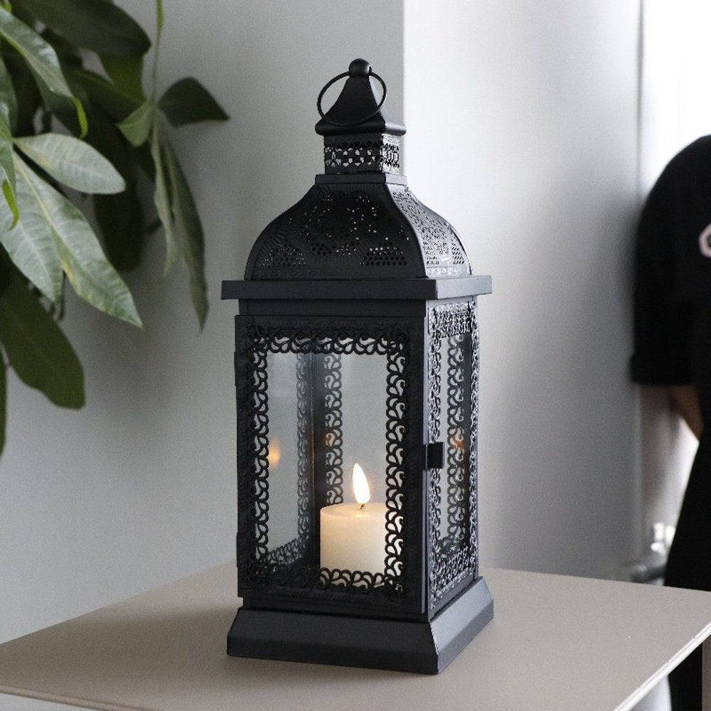 13" Clear And Black Glass And Metal Tabletop Lantern Candle Holder HomeRoots