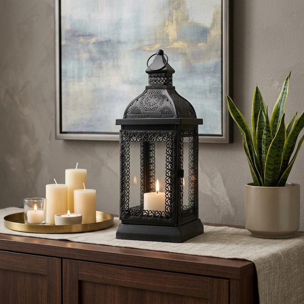 13" Clear And Black Glass And Metal Tabletop Lantern Candle Holder HomeRoots
