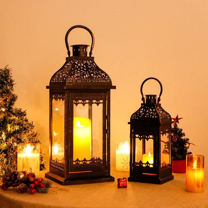 Set of Two Clear And Black Glass And Metal Tabletop Lantern Candle Holders HomeRoots