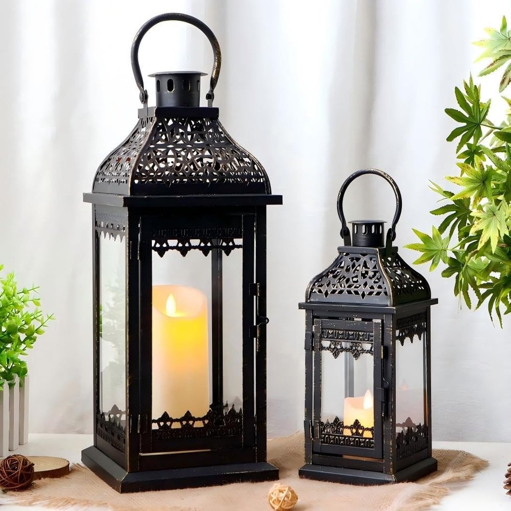 Set of Two Clear And Black Glass And Metal Tabletop Lantern Candle Holders HomeRoots