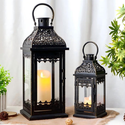 Set of Two Clear And Black Glass And Metal Tabletop Lantern Candle Holders HomeRoots