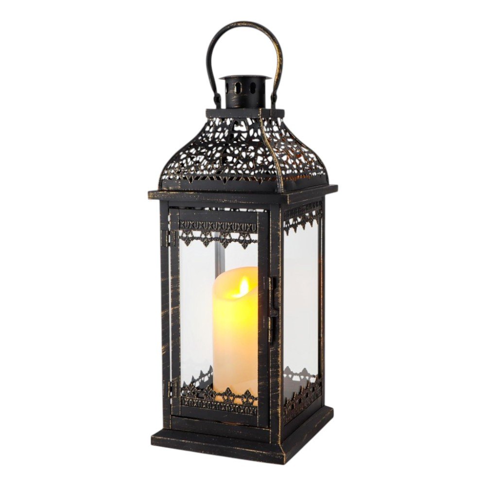 Set of Two Clear And Black Glass And Metal Tabletop Lantern Candle Holders HomeRoots