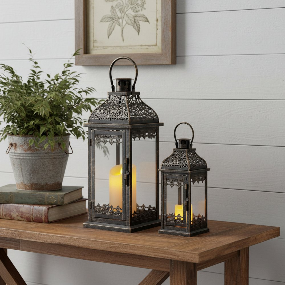 Set of Two Clear And Black Glass And Metal Tabletop Lantern Candle Holders HomeRoots