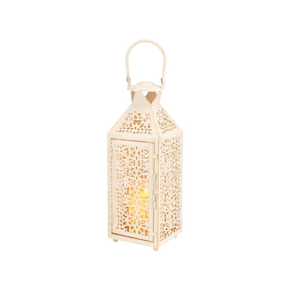 Set of Two White Filigree Metal Tabletop Lantern Candle Holders HomeRoots