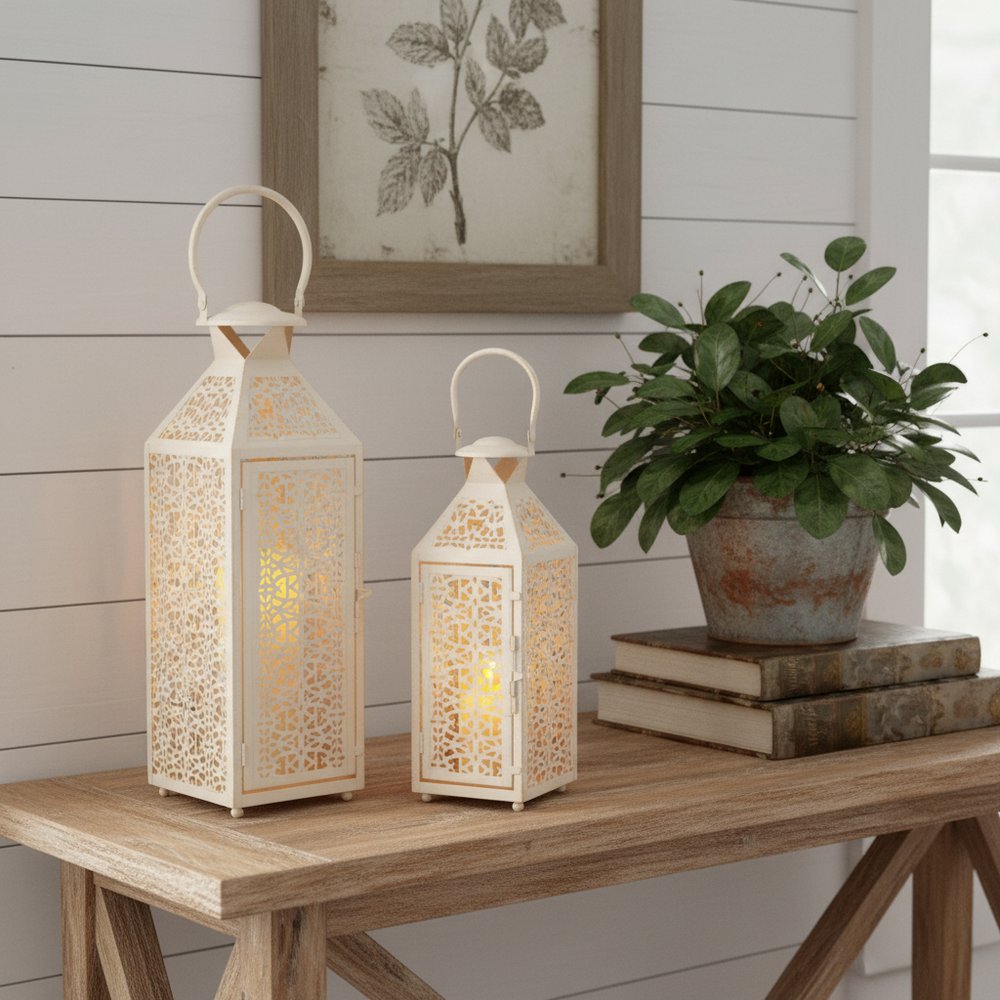 Set of Two White Filigree Metal Tabletop Lantern Candle Holders HomeRoots