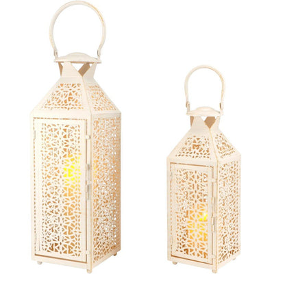 Set of Two White Filigree Metal Tabletop Lantern Candle Holders HomeRoots