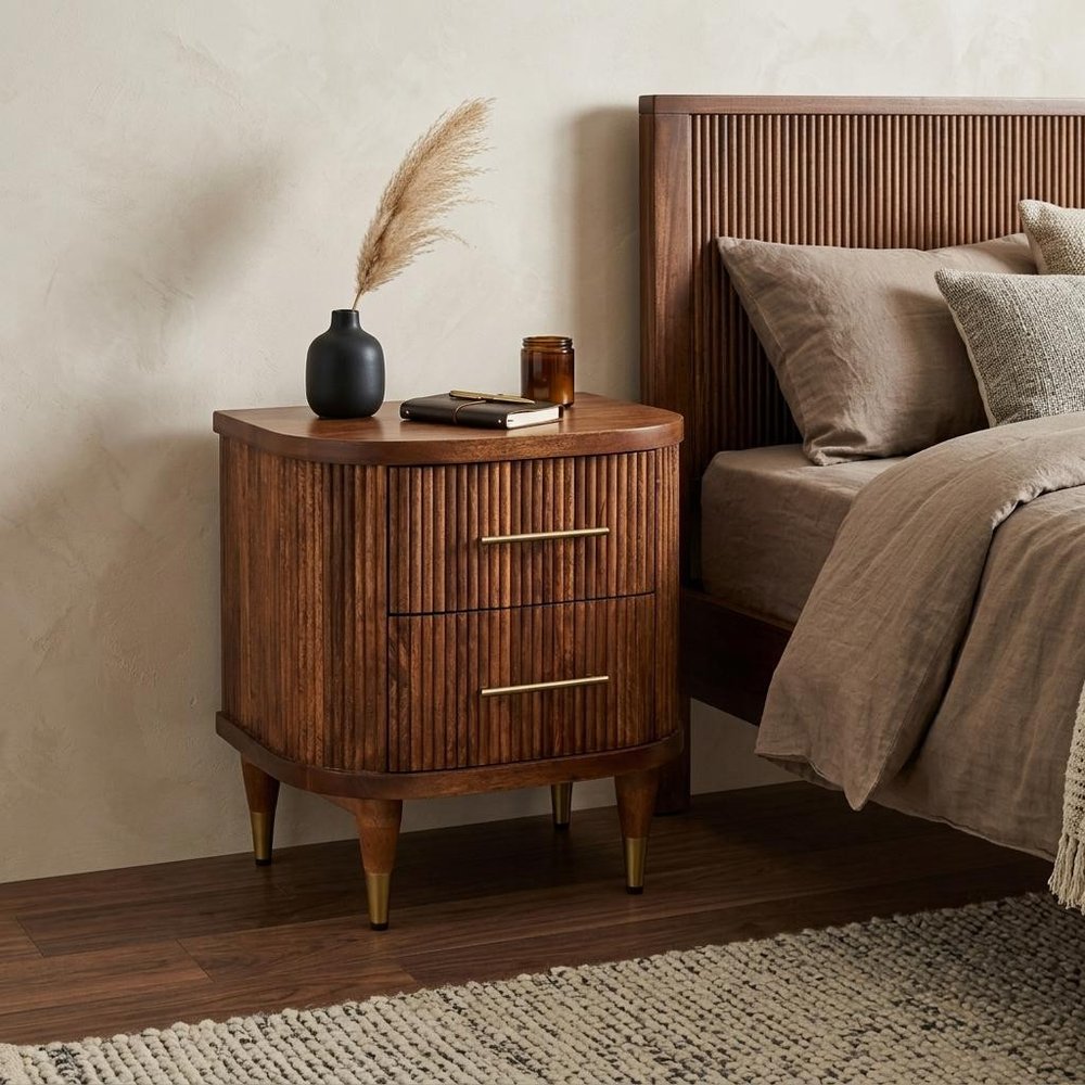 22" Amber Solid Wood Ribbed Texture Two Drawer Nightstand