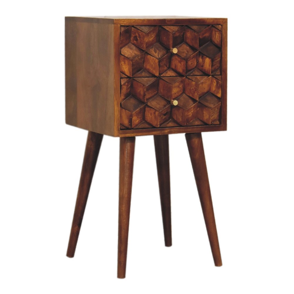 24" Brown Solid Wood Carved Geometric Two Drawer Nightstand HomeRoots