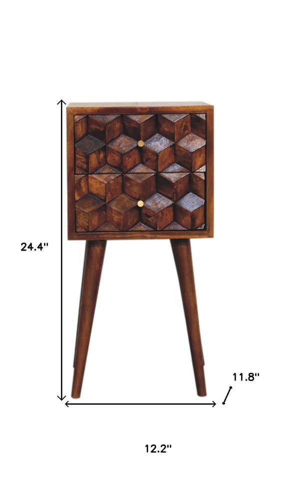 24" Brown Solid Wood Carved Geometric Two Drawer Nightstand — view 9