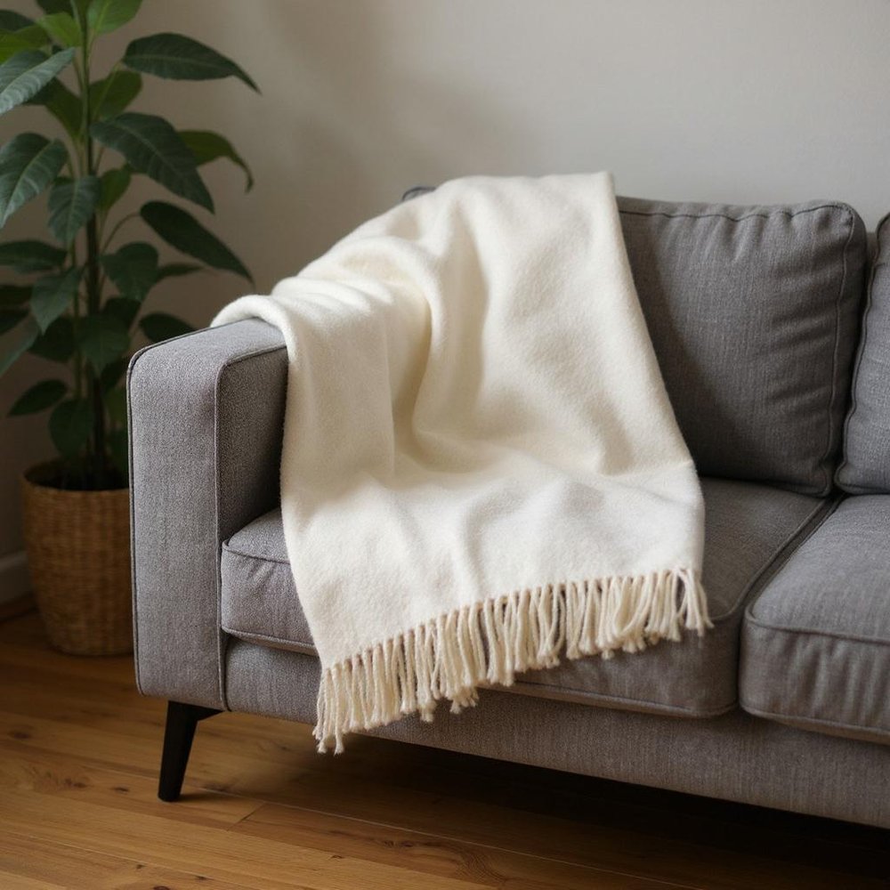 55" X 70" Cream Cotton Blend Plush Throw Blanket with Fringe HomeRoots
