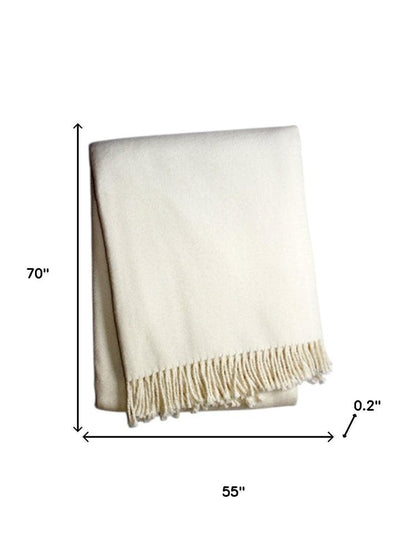 55" X 70" Cream Cotton Blend Plush Throw Blanket with Fringe HomeRoots