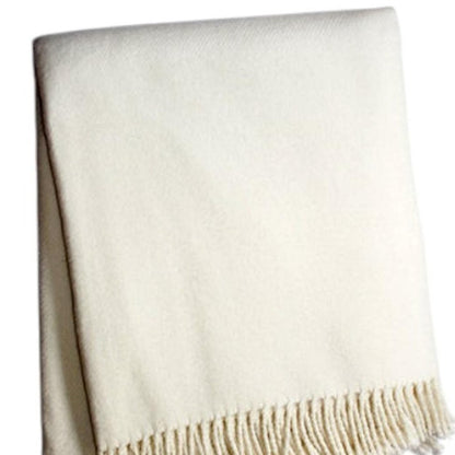 55" X 70" Cream Cotton Blend Plush Throw Blanket with Fringe HomeRoots
