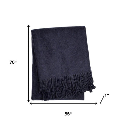 55" X 70" Navy Blue Cotton Blend Plush Throw Blanket with Fringe HomeRoots