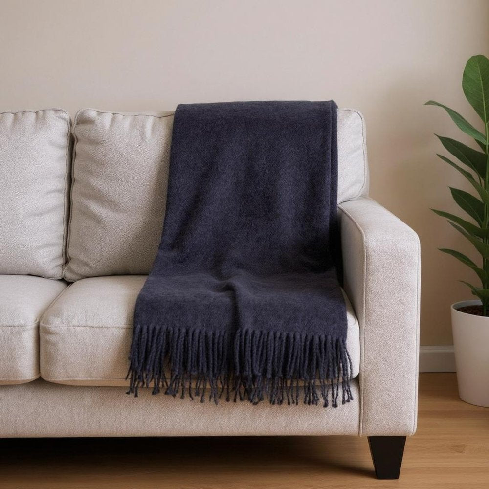 55" X 70" Navy Blue Cotton Blend Plush Throw Blanket with Fringe HomeRoots