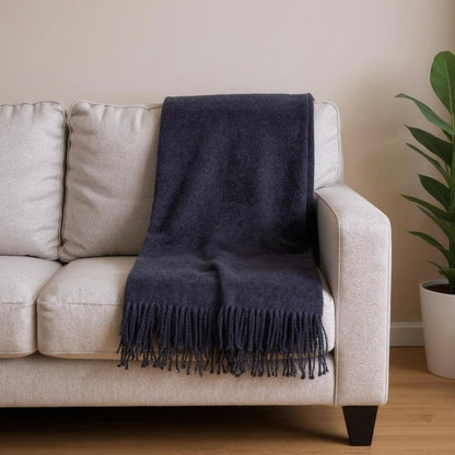 55" X 70" Navy Blue Cotton Blend Plush Throw Blanket with Fringe HomeRoots