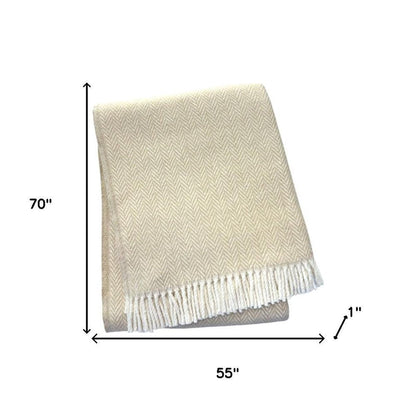 55" X 70" Linen And White Cotton Blend Herringbone Throw Blanket with Fringe HomeRoots